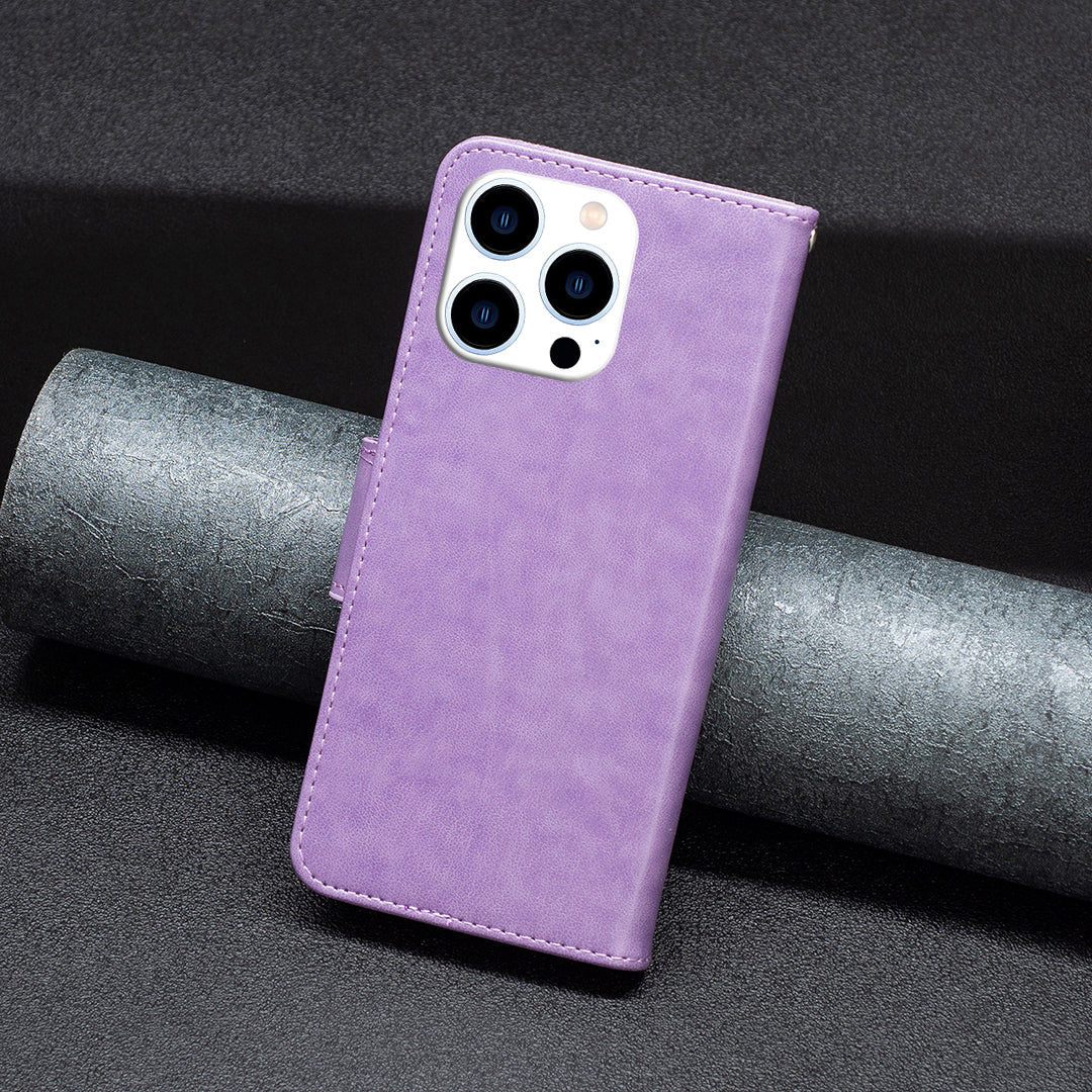 Uniqkart for iPhone 15 Pro Shockproof Phone Flip Case Butterfly Imprinted Leather Stand Wallet Cover with Strap - Purple Uniqkart for iPhone 15 Pro Shockproof Phone Flip Case Butterfly Imprinted Leather Stand Wallet Cover with Strap - Purple